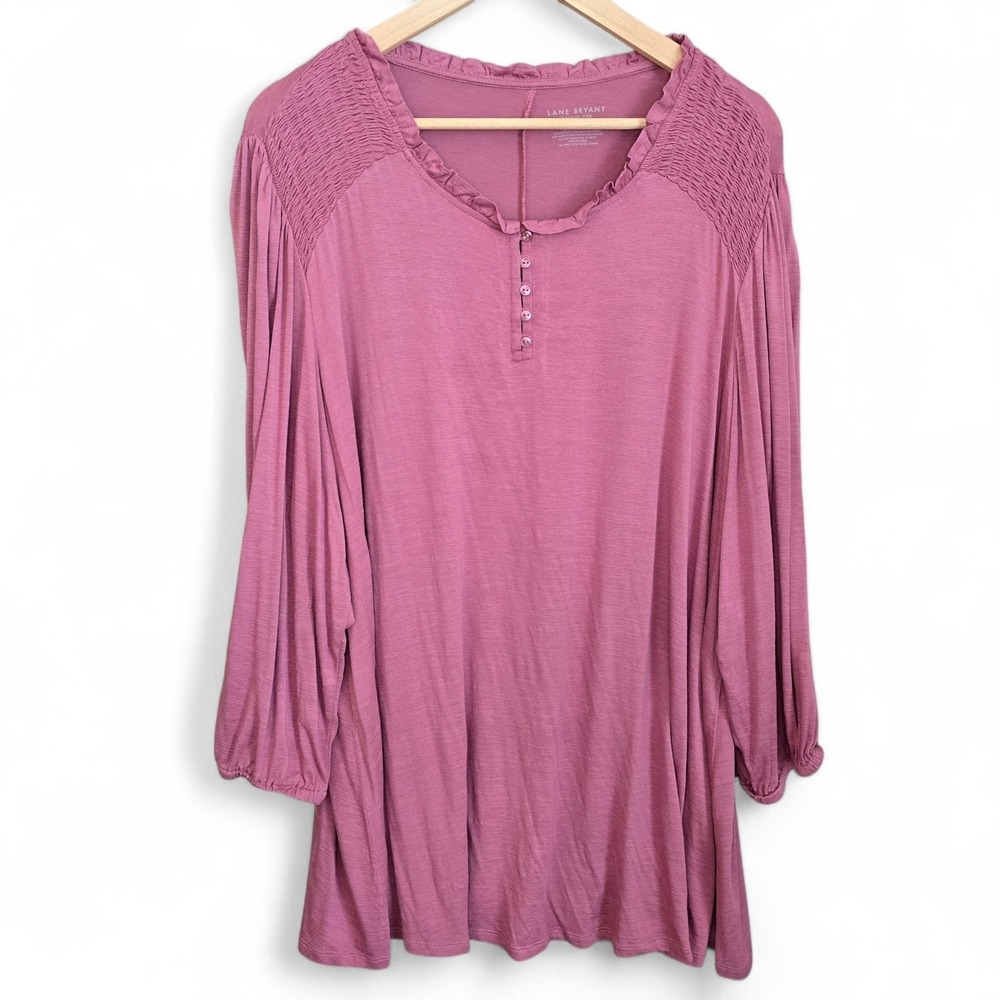 Lane Bryant Top Womens Plus 22/24 Pink Swing Tee Smocked Long Sleeve Stretch